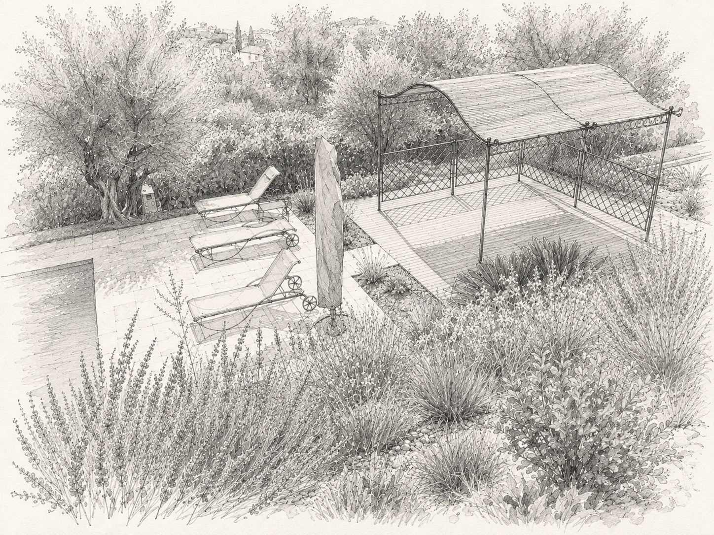 Croquis paysager de jardin méditerranéen