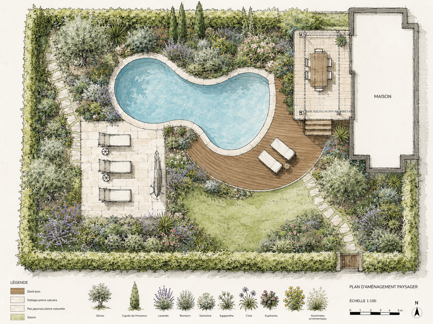 Plan d’aménagement paysager avec piscine, terrasse bois et jardin méditerranéen