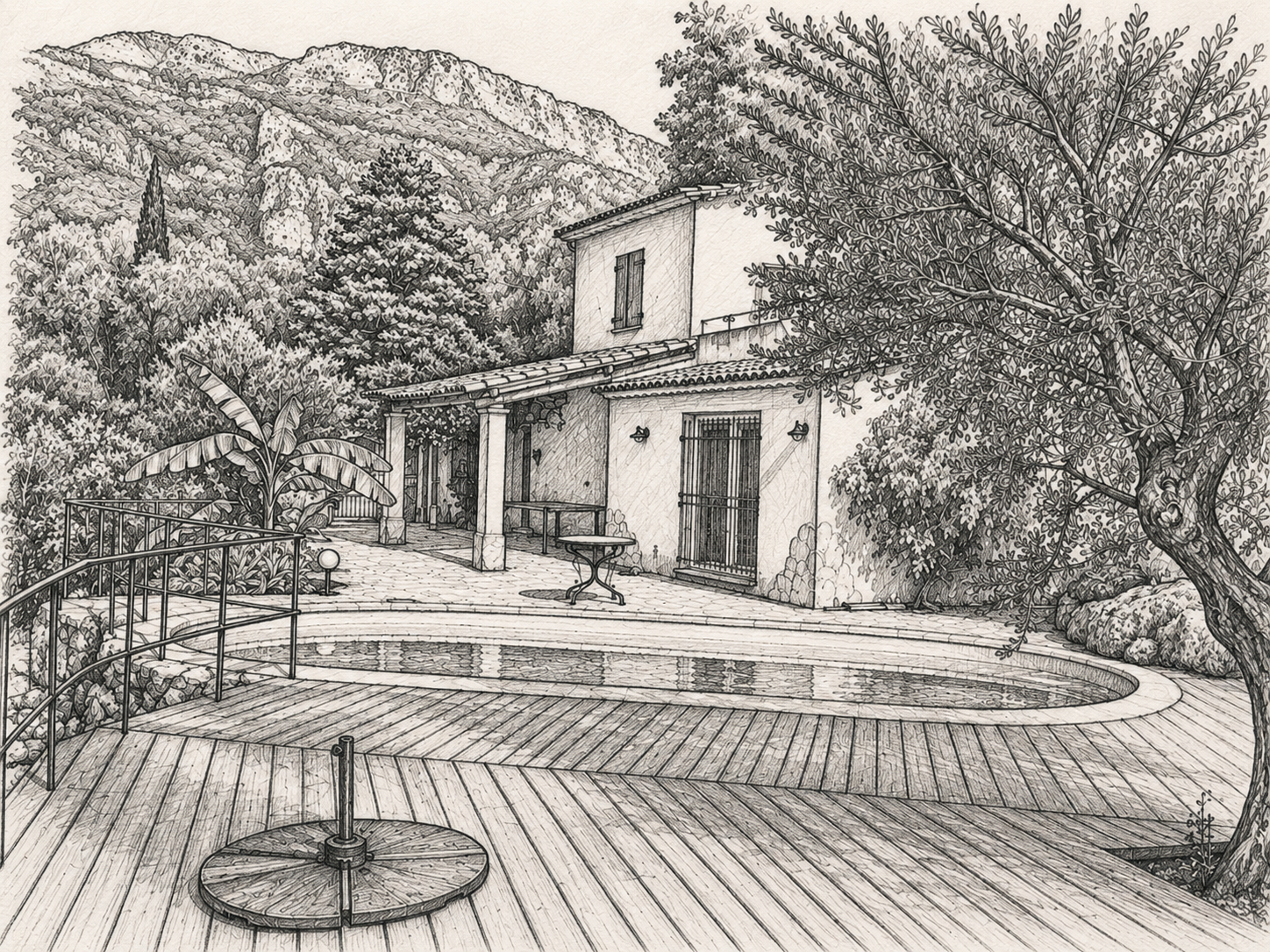 Croquis de jardin méditerranéen pour villa en Provence