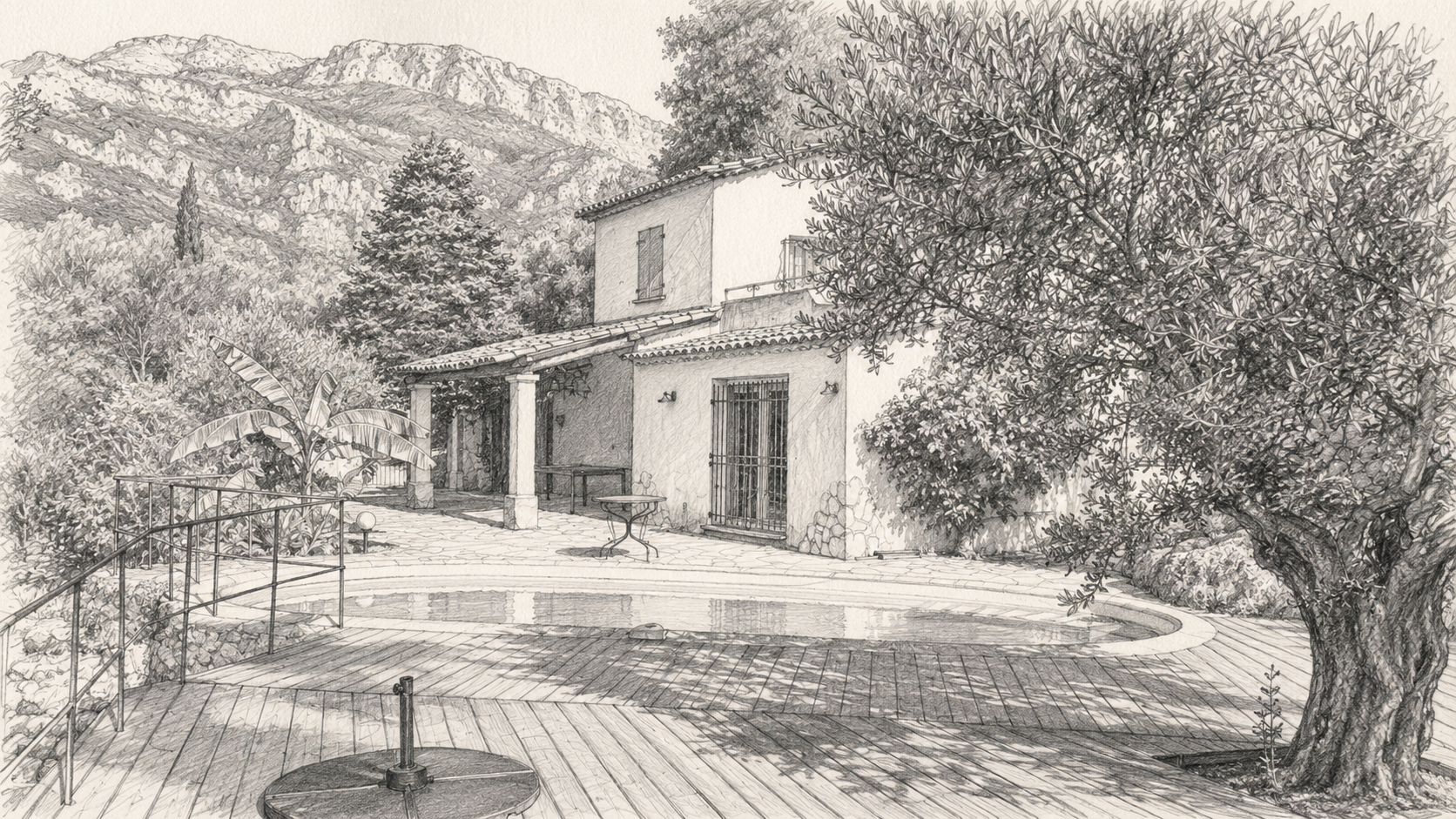 Croquis de jardin méditerranéen pour villa en Provence