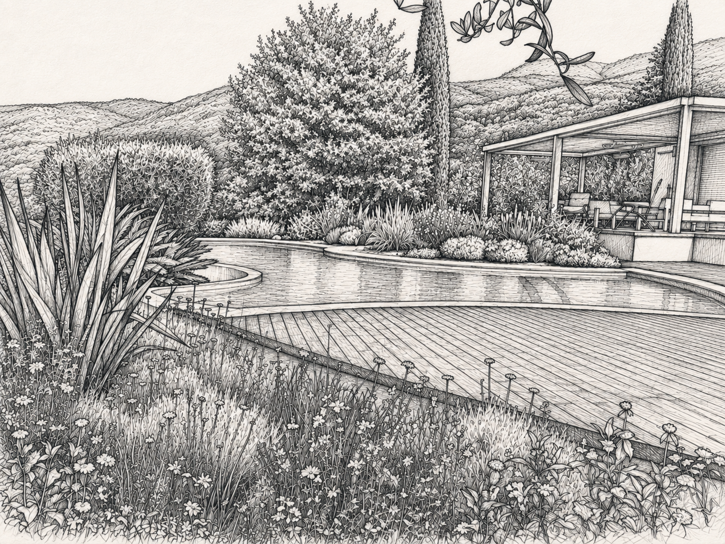 Croquis paysager de jardin méditerranéen