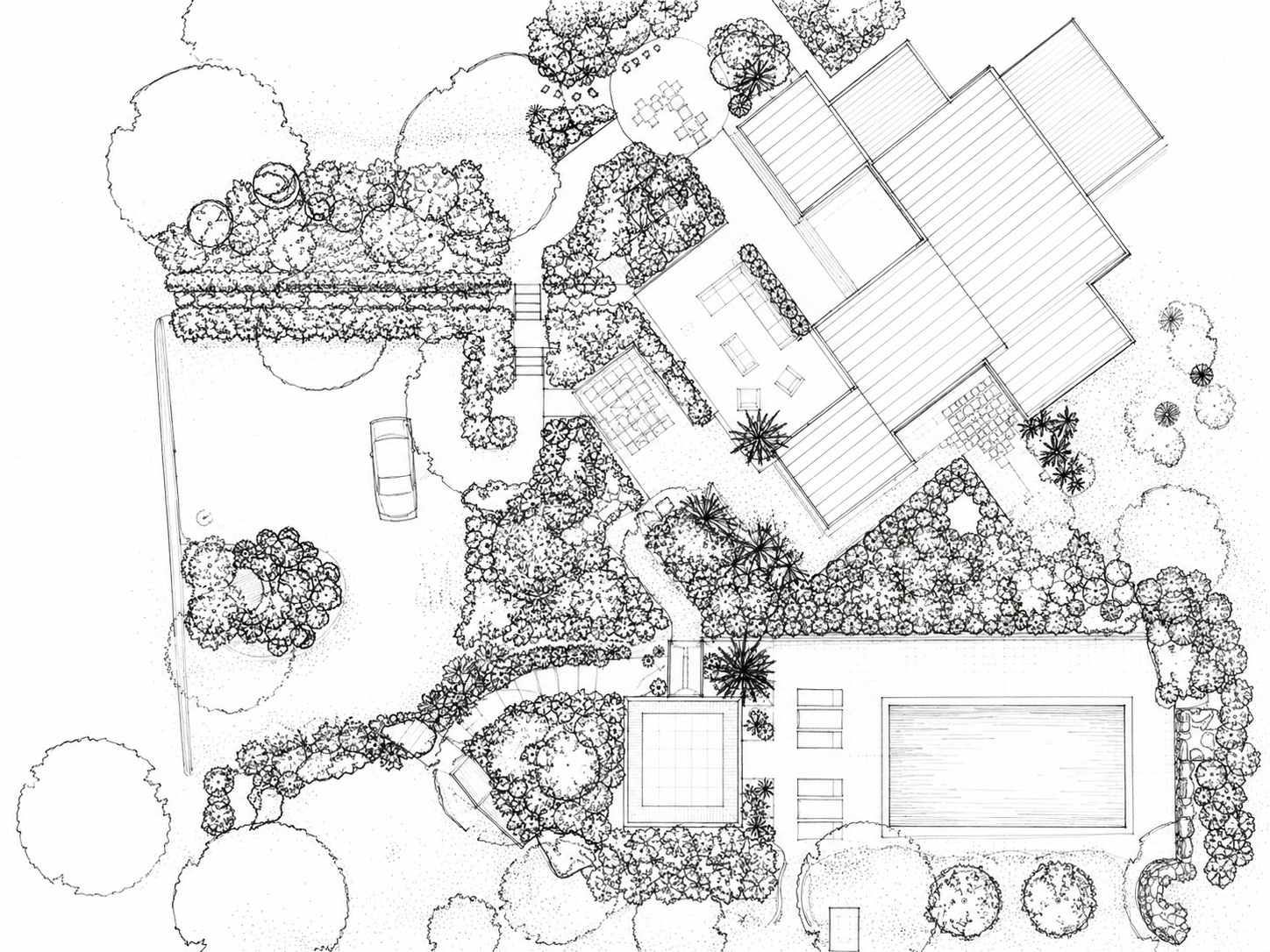 Plan d’aménagement paysager avec piscine, terrasse bois et jardin méditerranéen