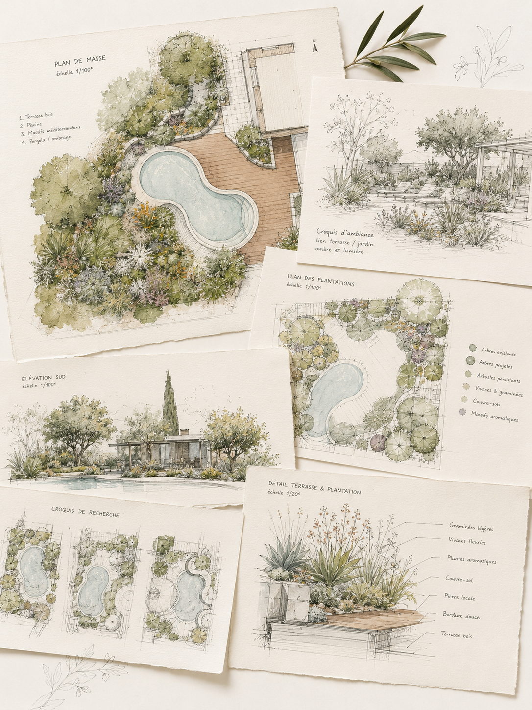 Croquis et plan d’aménagement de jardin méditerranéen avec piscine et terrasse