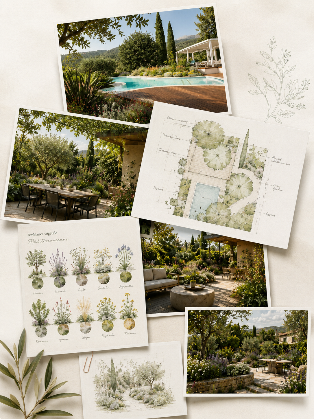 Réalisations de jardin méditerranéen avec piscine, terrasse et croquis paysagers