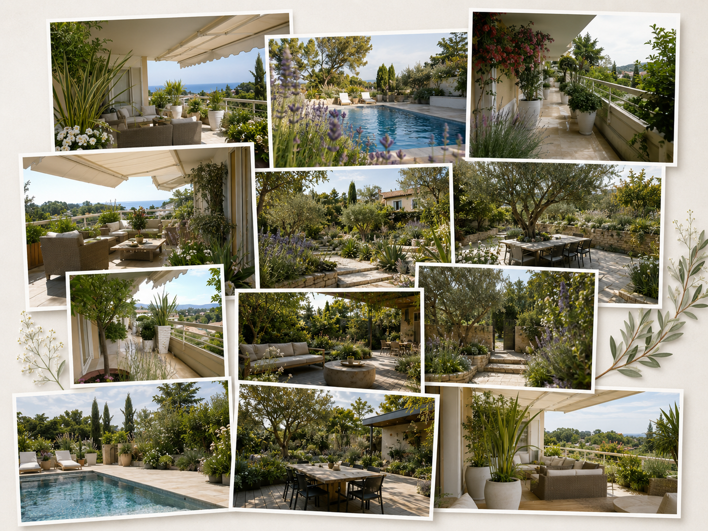 Réalisations de jardin méditerranéen avec piscine, terrasse et croquis paysagers
