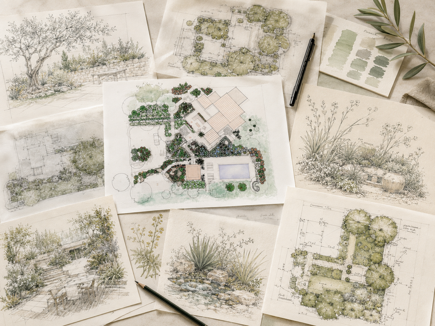 Croquis et plan d’aménagement de jardin méditerranéen avec piscine et terrasse